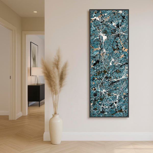 Tall Teal Blue Abstract Vertical Wall Art - Pollock Inspired