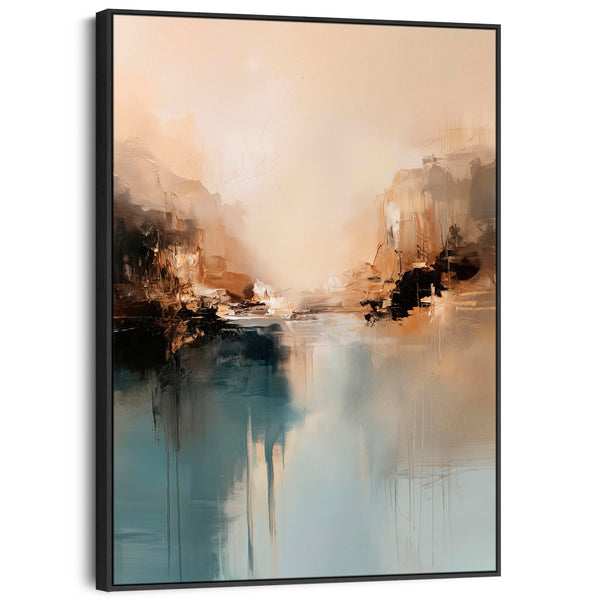 Teal Blue Cream Framed Canvas Wall Art - Golden Glow