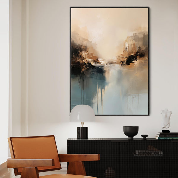Teal Blue Cream Framed Canvas Wall Art - Golden Glow