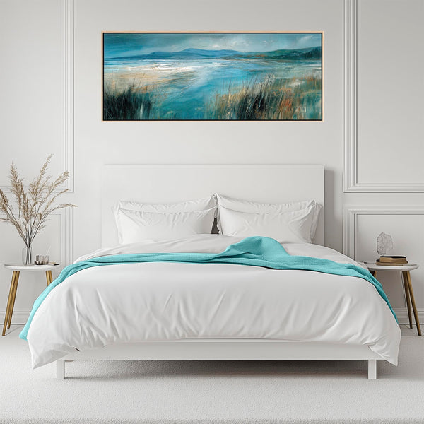 Wide Teal Blue Grey Framed Long Canvas Art Picture - Windswept