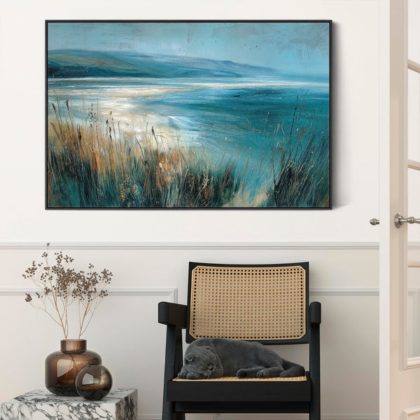 Large Teal Blue Grey Framed Canvas Picture - Highland Coast