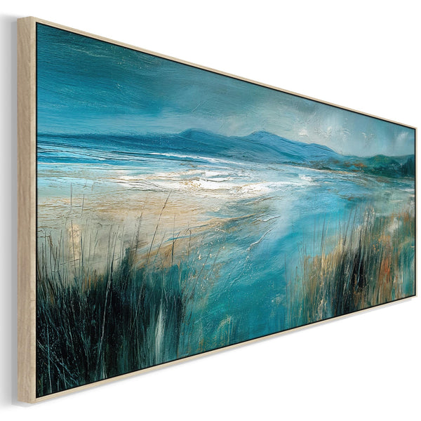 Wide Teal Blue Grey Framed Long Canvas Art Picture - Windswept