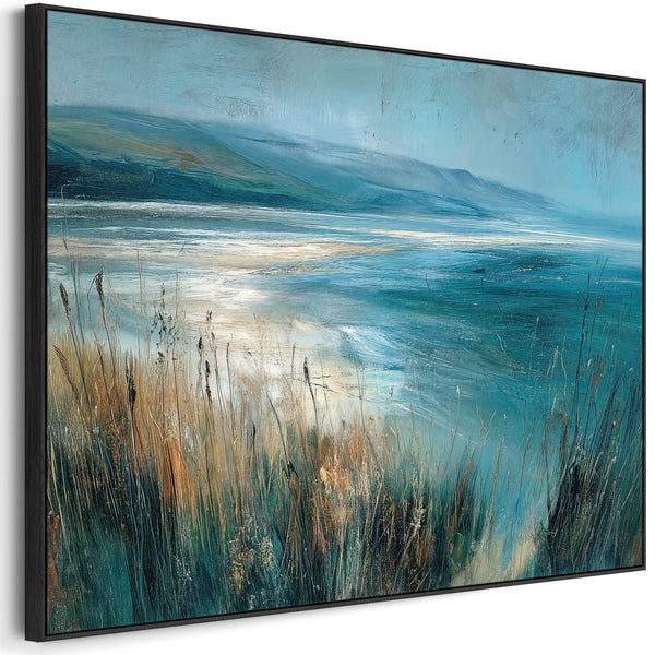 Large Teal Blue Grey Framed Canvas Picture - Highland Coast