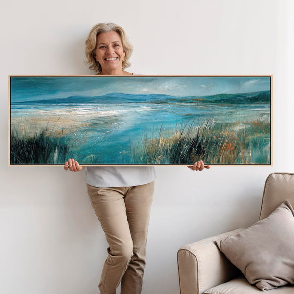 Wide Teal Blue Grey Framed Long Canvas Art Picture - Windswept