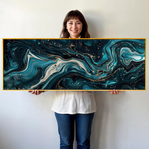 Horizontal Teal Blue Artwork Print Canvas Panoramic - Golden Streams