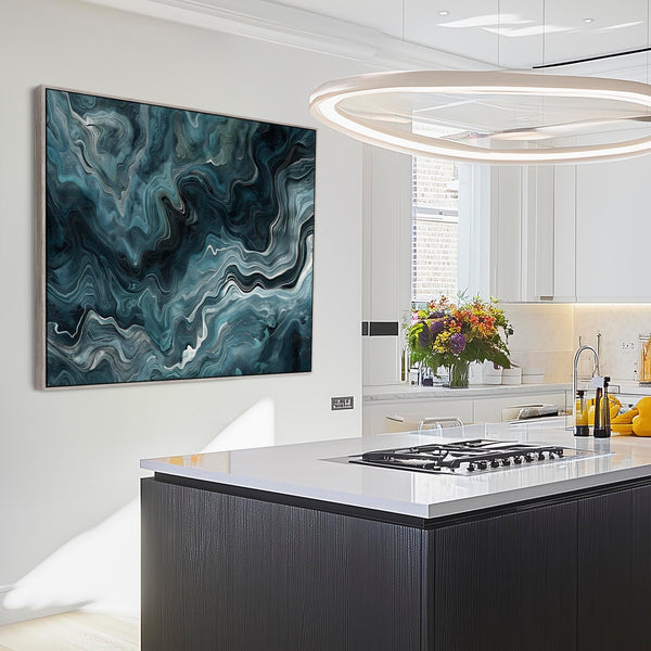Teal Blue Abstract Framed Canvas Wall Art - Wandering Thoughts