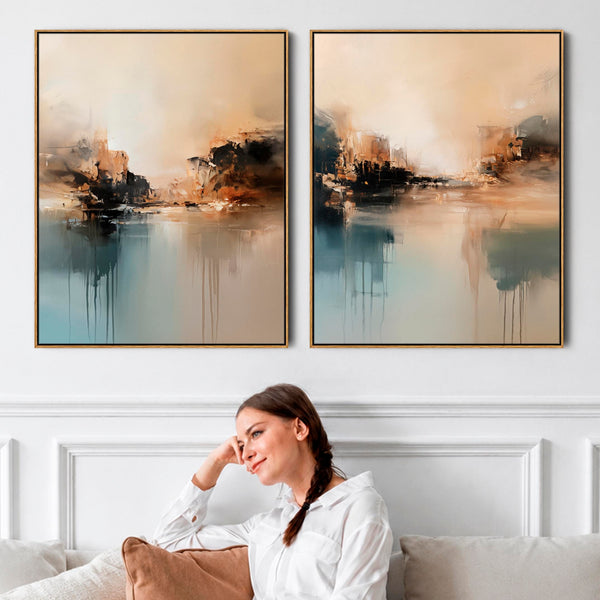 Large Teal Blue Warmth - Set of 2 Framed Abstract Canvases