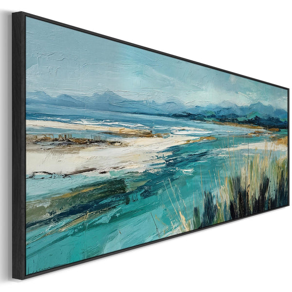 Wide Living Room Framed Wall Art on Canvas - Teal Tidal Drift