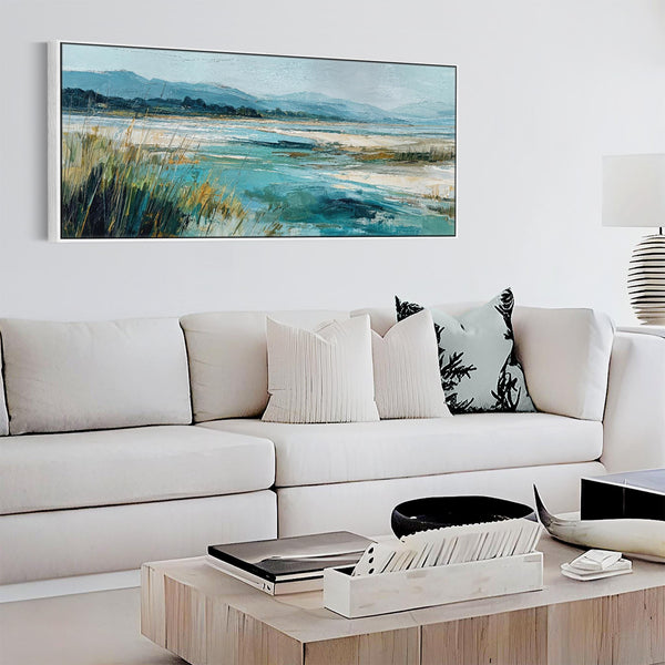 Wide Panoramic Irish Beach Landscape - Framed Teal Canvas Art