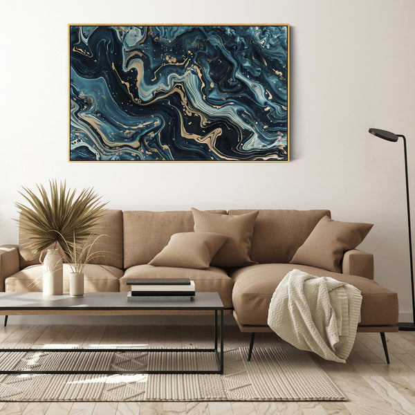 Teal Gold Abstract Framed Canvas Wall Art - Celestial Flow for Living Room
