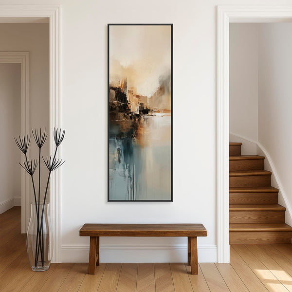 Teal Gold Framed Vertical Wall Art Canvas - Misty Calm