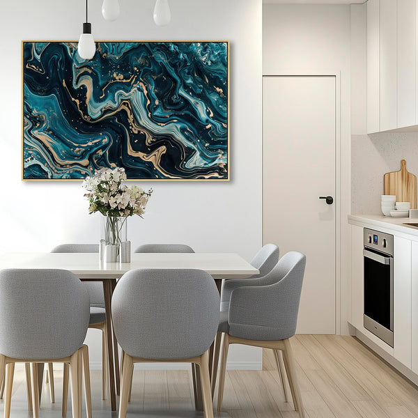 Teal Gold Abstract Framed Canvas Wall Art - Celestial Flow for Living Room