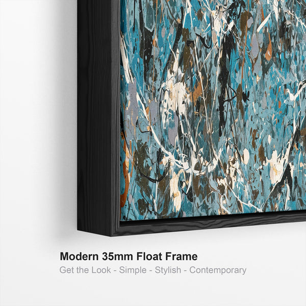 Wide Teal Horizontal Framed Canvas Jackson Pollock Style Art