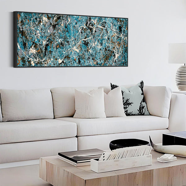 Wide Teal Horizontal Framed Canvas Jackson Pollock Style Art