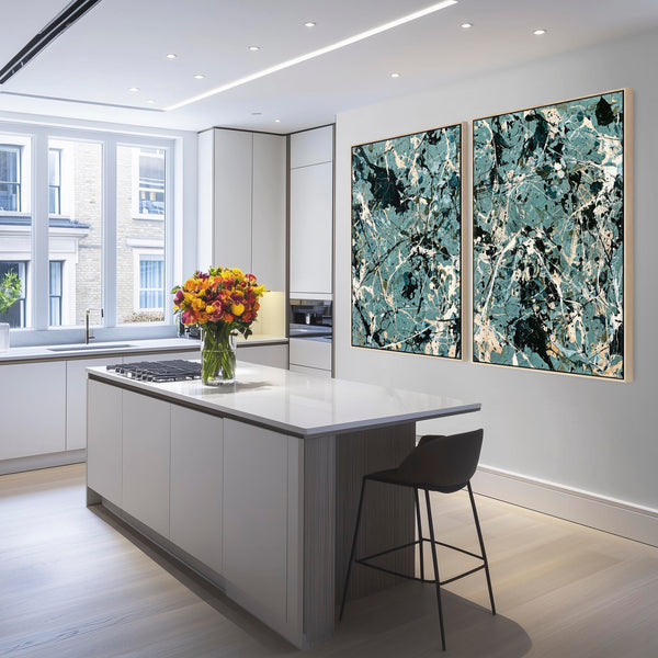 Large Framed Set of 2 Canvas Teal Green Jackson Pollock Style
