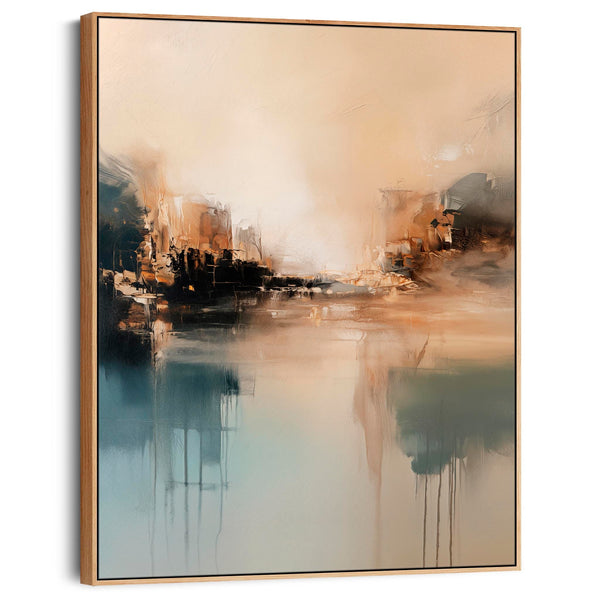 Living Room Framed Abstract Canvas - Teal Mist Awakening