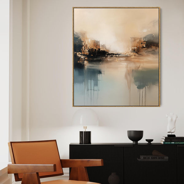 Living Room Framed Abstract Canvas - Teal Mist Awakening