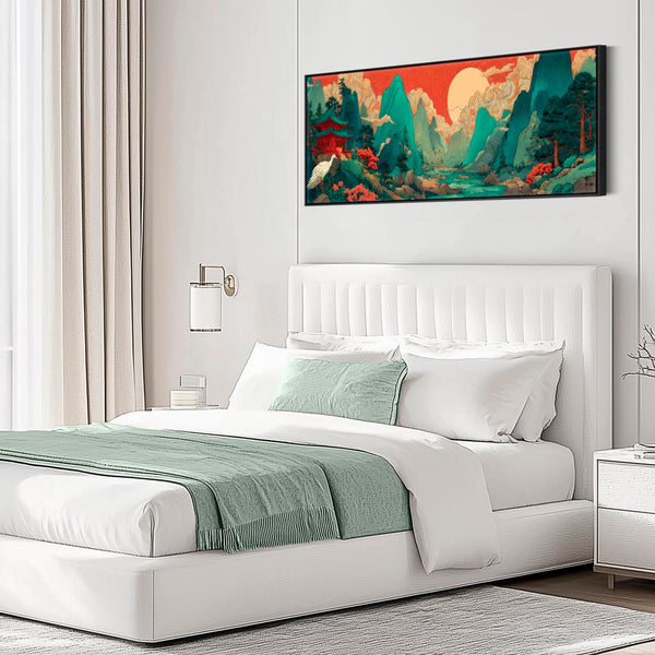 Wide Japanese Horizontal Framed Artwork - Terracotta Teal Mountain Sunrise