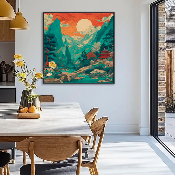 Japanese Framed Canvas Artwork - Terracotta Teal Sunrise Mountain