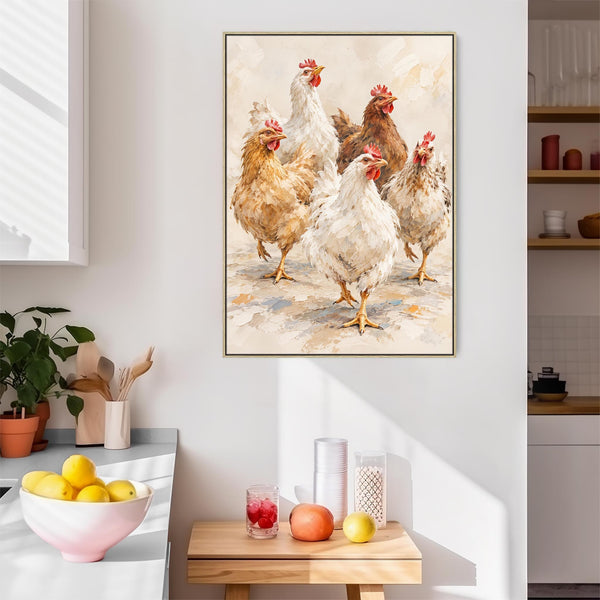 The Brood - Farmyard Hens - Framed Kitchen Wall Art Canvas