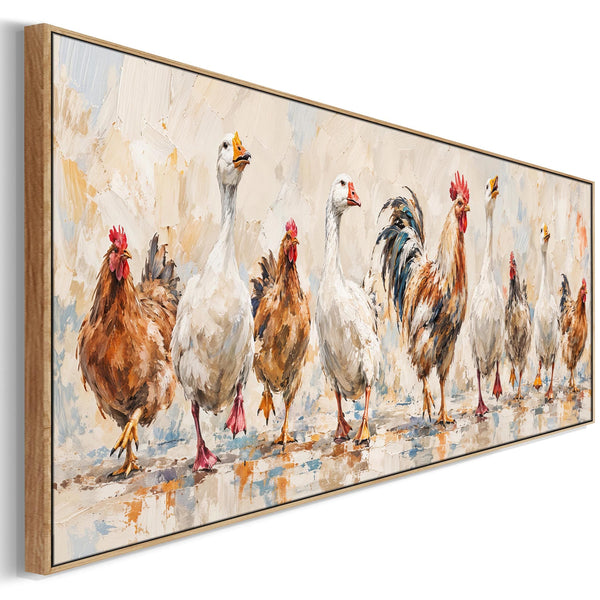 The Gossips - Wide Kitchen Wall Art Canvas - Farmyard Birds