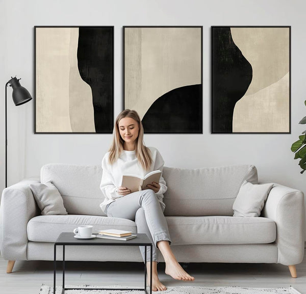 Set of 3 Framed Abstract Prints on Canvas Neutral Cream Black Trio Artwork