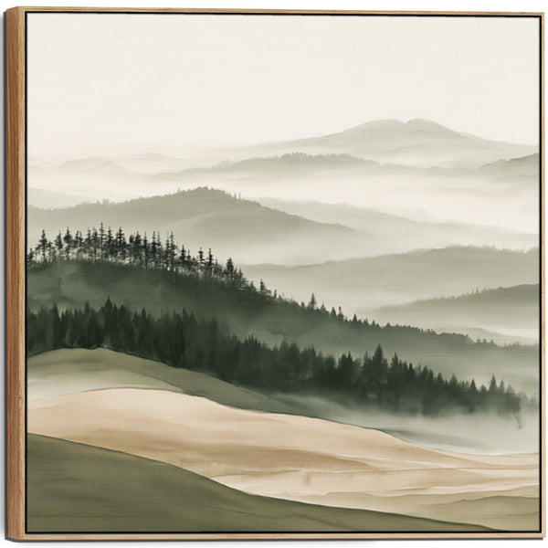 Tuscan Forest Framed Canvas Wall Art Sage Green Misty Landscape