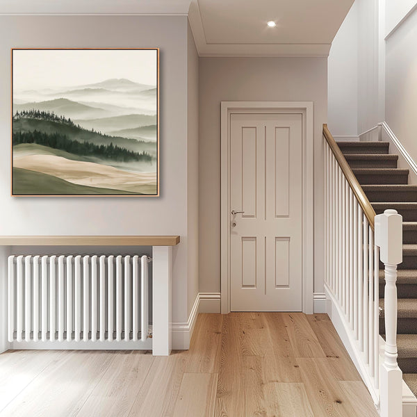 Tuscan Forest Framed Canvas Wall Art Sage Green Misty Landscape