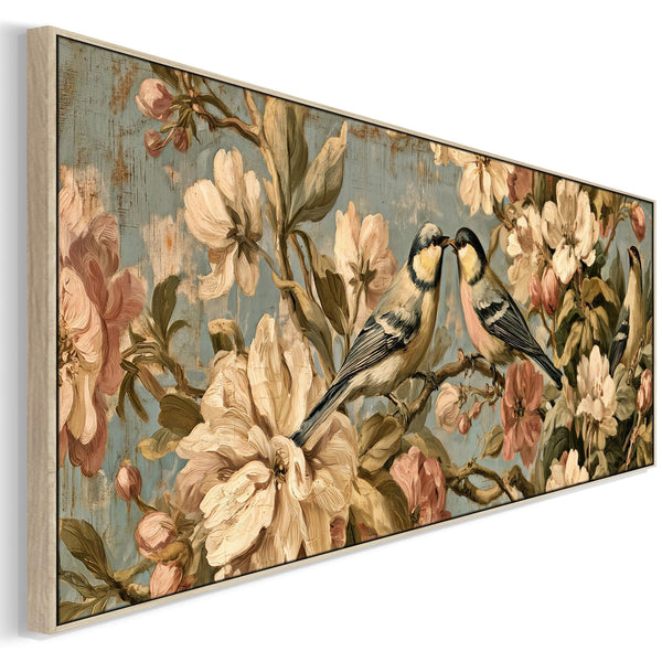Wide Vintage Birds Flowers Framed Long Canvas Art Dawn Chorus