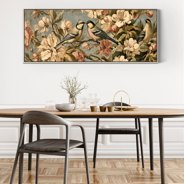 Wide Vintage Birds Flowers Framed Long Canvas Art Dawn Chorus