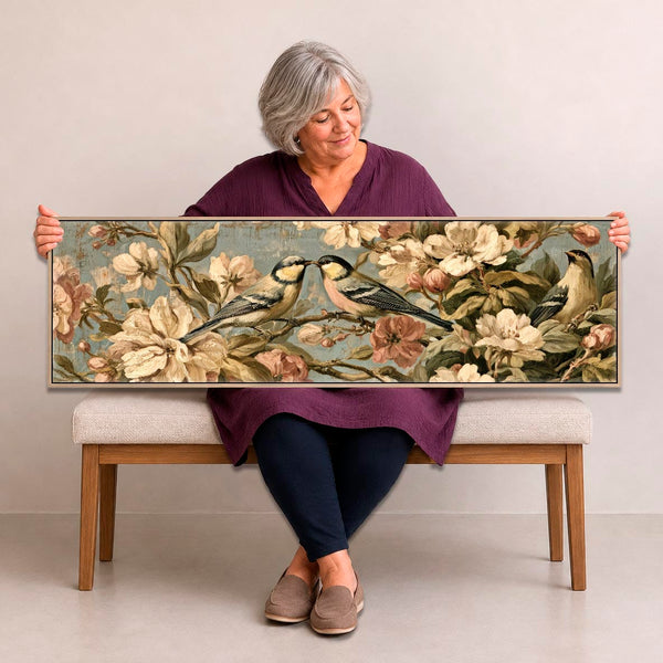 Wide Vintage Birds Flowers Framed Long Canvas Art Dawn Chorus
