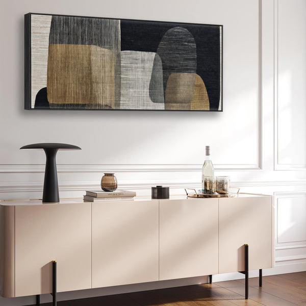 Wide Horizontal Beige Black Japandi Wall Art Wabi Sabi Stones