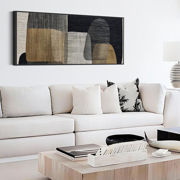 Wide Horizontal Beige Black Japandi Wall Art Wabi Sabi Stones