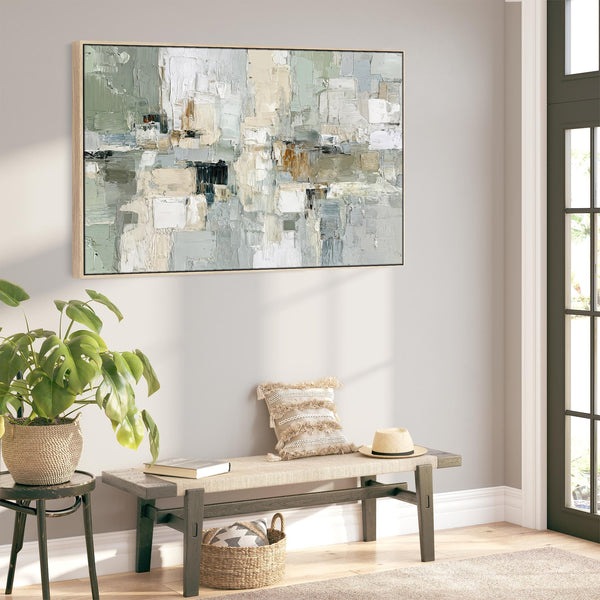 Framed Green Cream Abstract Wall Art for Hallway - Fern Nature
