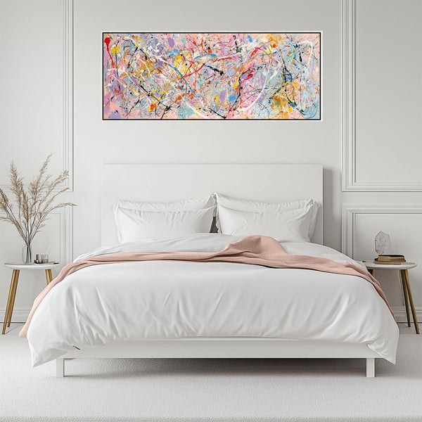 Wide Awake Bright Bedroom with Abstract Colourful Wall Art