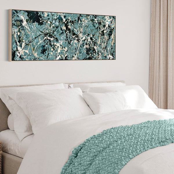 Wide Framed Bedroom Artwork Canvas Teal Green Splash over Bed