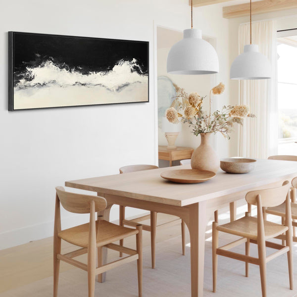Neutral Beige Black Framed Horizontal Artwork Canvas Cream Wave Panoramic