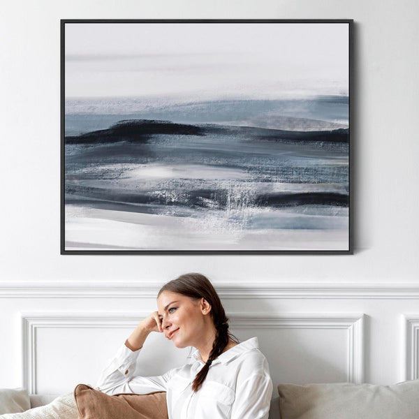 Extra Large Blue Grey Abstract Framed Artwork Canvas - Deep Ocean Swell