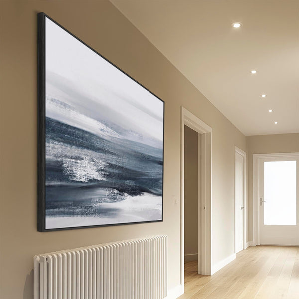 Extra Large Blue Grey Abstract Framed Wall Art Canvas - Deep Ocean Tide
