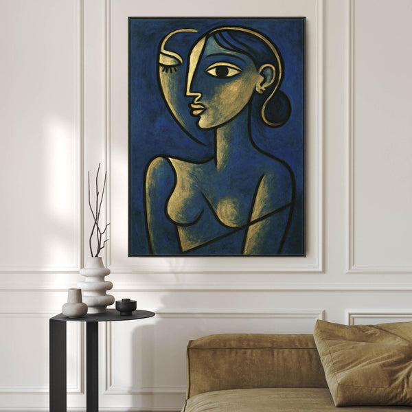 Blue Abstract Framed Canvas Print Picasso Style - Thoughtful Silence