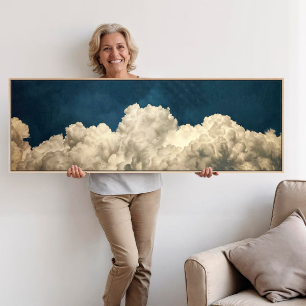 Blue White Abstract Artwork on Canvas Wide Horizontal - Cloud Dreams