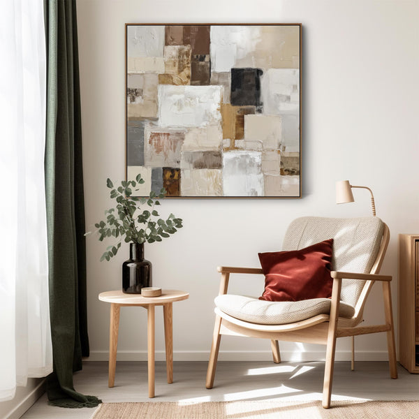 Warm Beige Cream Square Abstract Wall Art Framed - Calm Balance