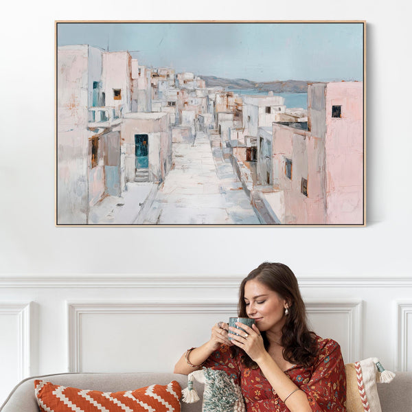 Pastel Blue Pink Framed Canvas Wall Art - Aegean Island Passage