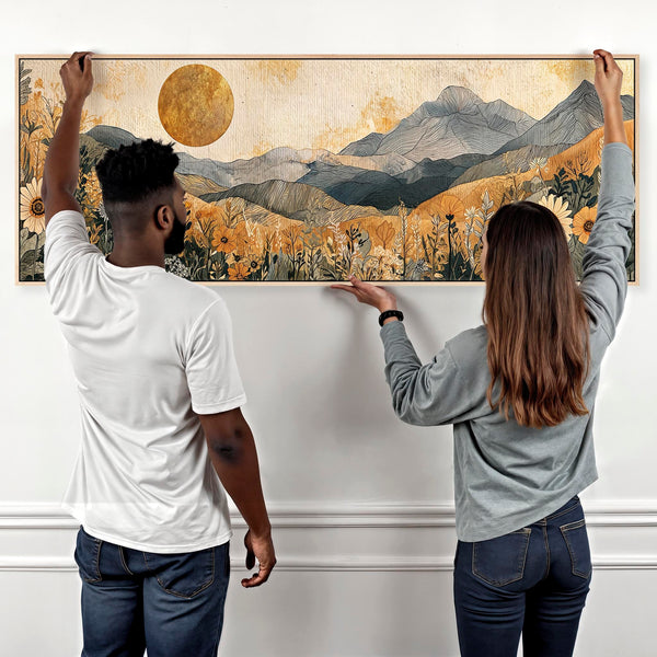 Wide Orange Grey Boho Landscape - Bedroom Framed Canvas Art