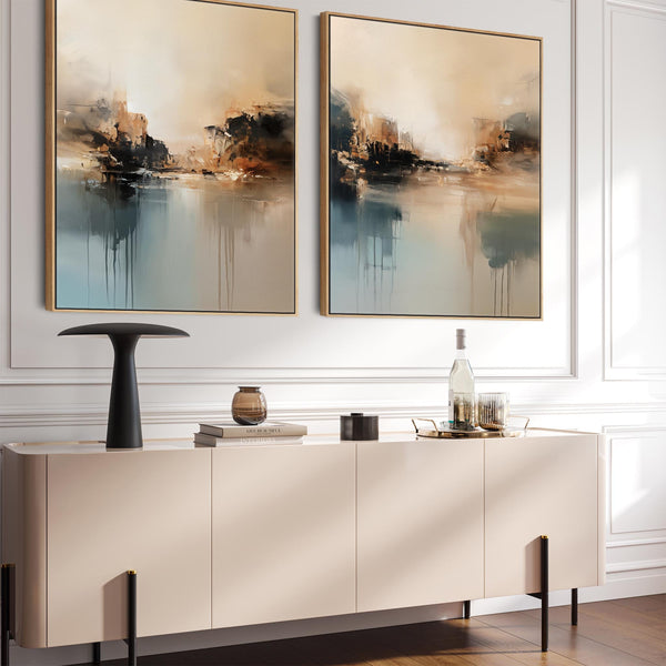 Large Teal Blue Warmth - Set of 2 Framed Abstract Canvases