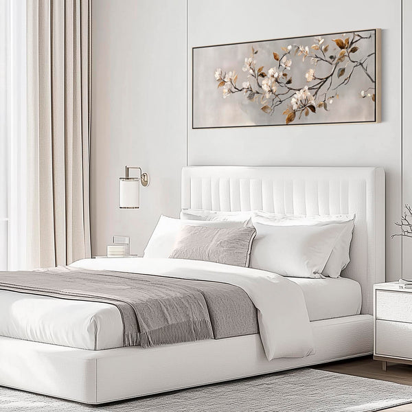 Wide Warm Scandi Neutral Framed Long Bedroom Canvas over Bed