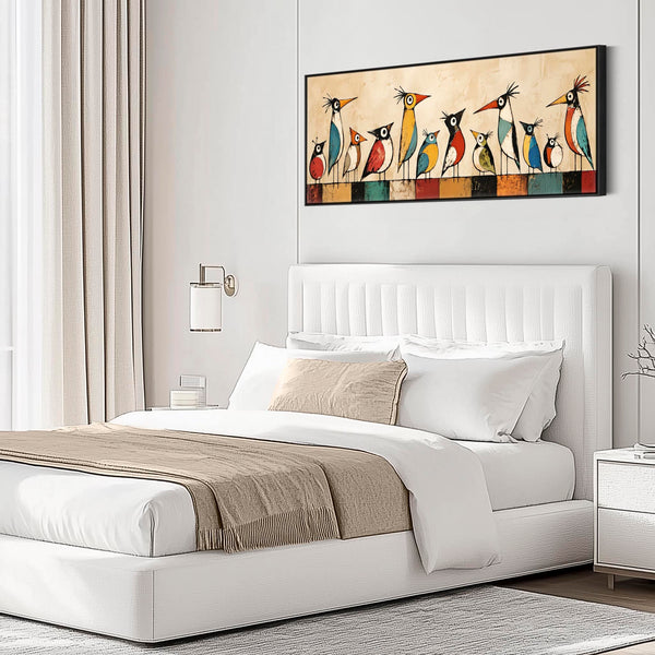 Wide Quirky Unusual Framed Canvas - Whimsical Birds on Wire