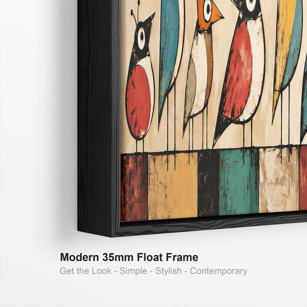 Wide Quirky Unusual Framed Canvas - Whimsical Birds on Wire