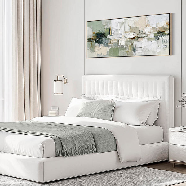 Wide Bedroom Wall Art Canvas - Green White Abstract - over Bed