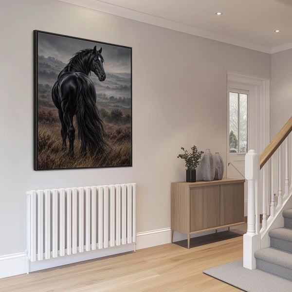 Black Friesian Horse Framed Canvas Wall Art - Turning for Home